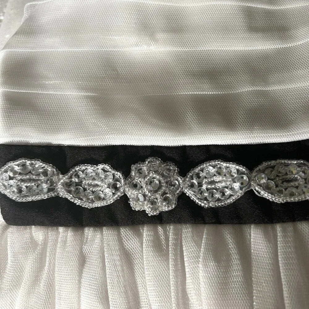 Sequin Hearts SZ8 White Sheer Mesh Overlay Dress w/Navy Wedding Dressy Formal